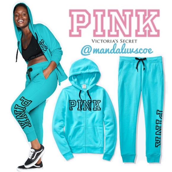 PINK Victoria's Secret Tops - 💗VS PINK TURQUOISE FULL ZIP HOODIE & JOGGERS SET